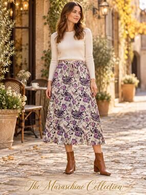 Christopher & Banks Linen Blend Floral Midi Skirt Cottagecore Boho Lilac Small